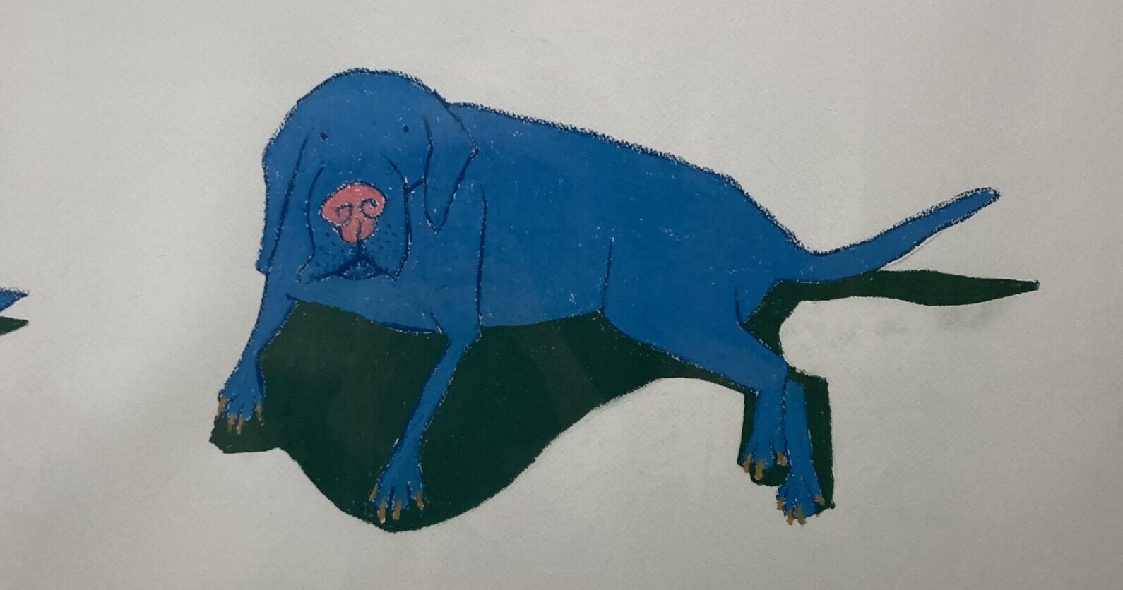 佐藤一明の絵画作品「見てくる犬」。可愛らしい表情でこちらを見る犬のイラスト